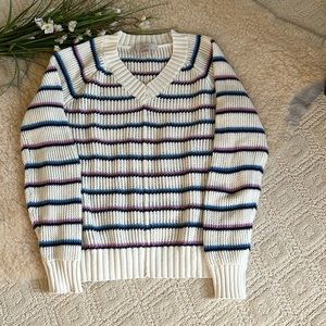 Loft V-neck Sweater S Cream with pink & blue strips